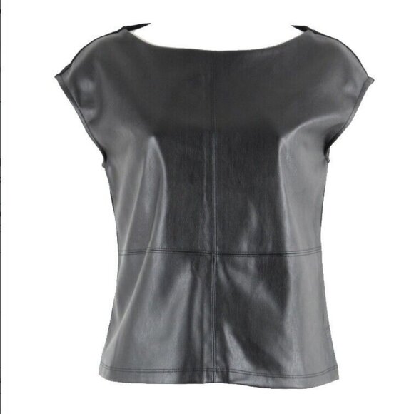 Worthington Sz PS Black Vegan Leather Front Knit Back PU Poly Spandex Top - Picture 1 of 6